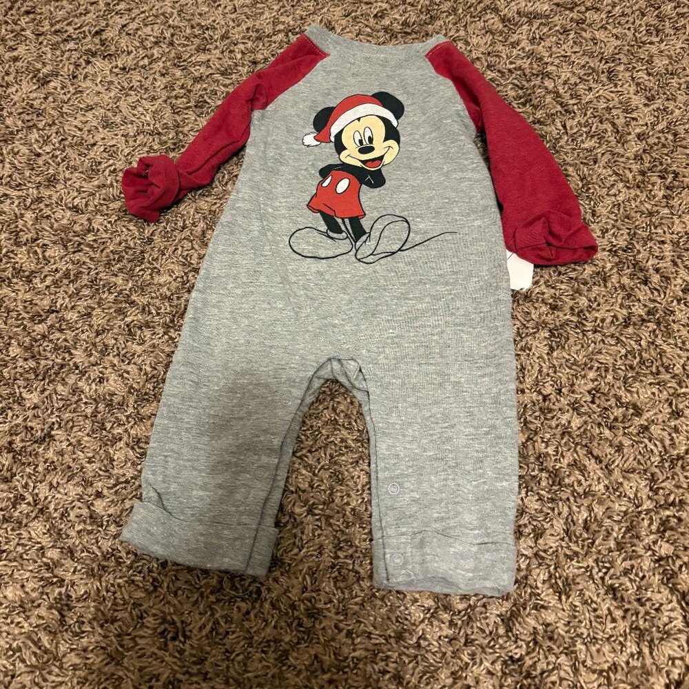 Disney Christmas Romper 3-6 Months Mickey Mouse with Santa Hat Graphic Gray Red